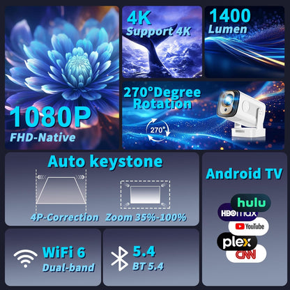 270° Rotatable Smart Mini Projector – Native 1080P, 4K Support & Auto Focus