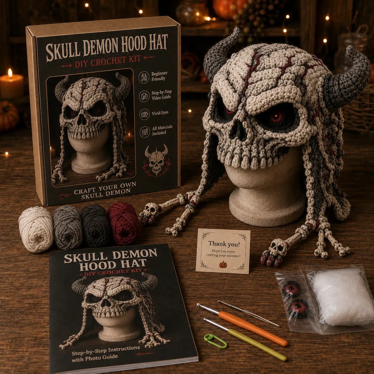 🔥 LAST DAY 49% OFF – 🎃 Halloween Monster Hood DIY Crochet Kit | Premium Soft Yarn Materials with Step-by-Step Guide DIY Handmade Wearable Character Hood 🧶🎭✨