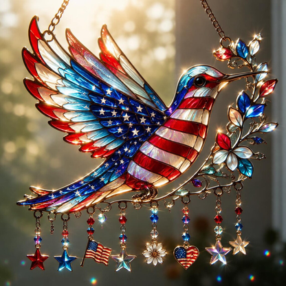 Charm Patriotic Hummingbird - Personalized Acrylic Window Hanging Suncatcher - 250th Anniversary Gift