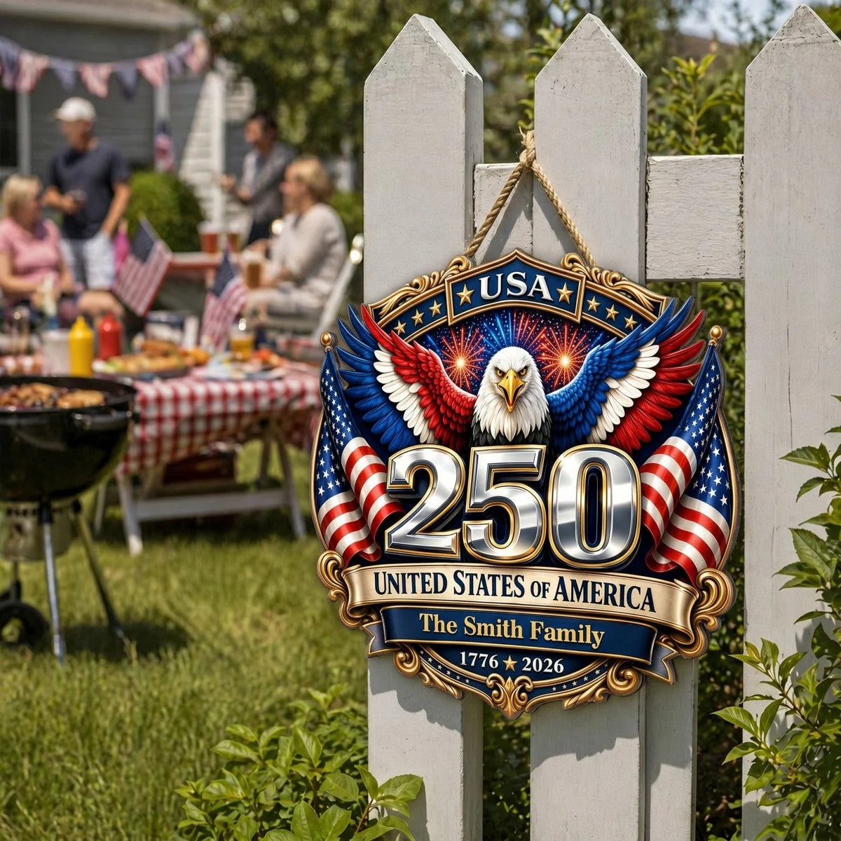 America 250th Anniversary - Patriotic Eagle Family Decor - Personalized Wood Sign