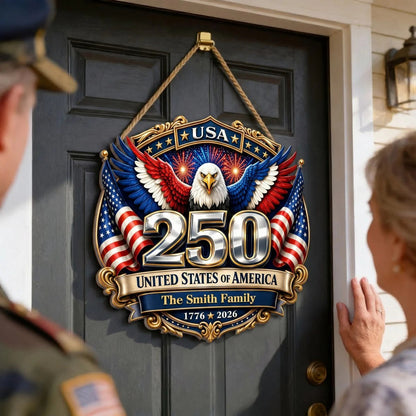 America 250th Anniversary - Patriotic Eagle Family Decor - Personalized Wood Sign