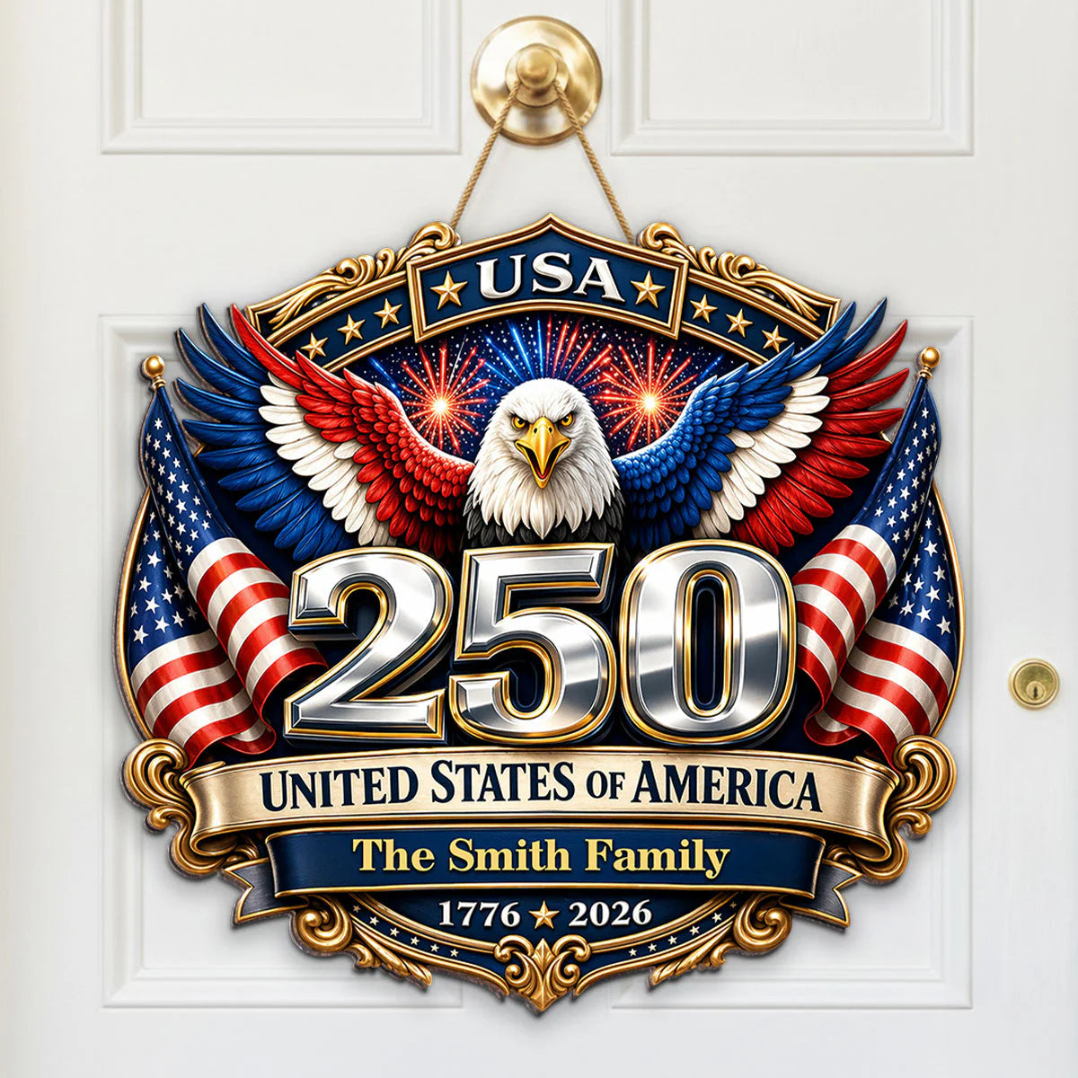 America 250th Anniversary - Patriotic Eagle Family Decor - Personalized Wood Sign