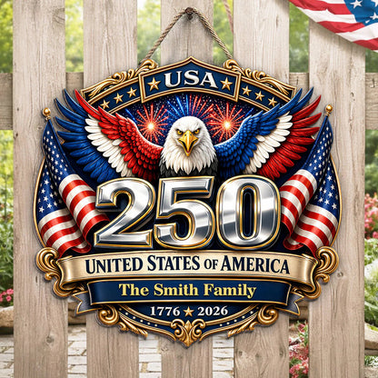 America 250th Anniversary - Patriotic Eagle Family Decor - Personalized Wood Sign